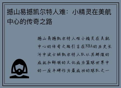 撼山易撼凯尔特人难：小精灵在美航中心的传奇之路