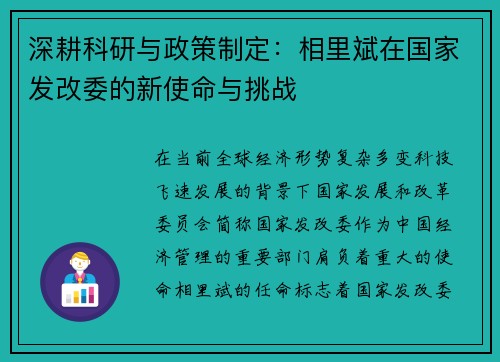 深耕科研与政策制定：相里斌在国家发改委的新使命与挑战