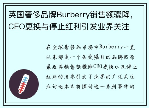英国奢侈品牌Burberry销售额骤降，CEO更换与停止红利引发业界关注