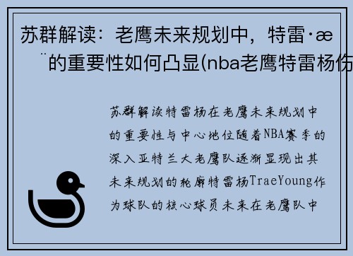 苏群解读：老鹰未来规划中，特雷·杨的重要性如何凸显(nba老鹰特雷杨伤情)