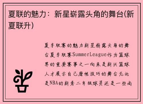 夏联的魅力：新星崭露头角的舞台(新夏联升)