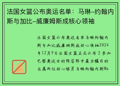 法国女篮公布奥运名单：马琳-约翰内斯与加比-威廉姆斯成核心领袖