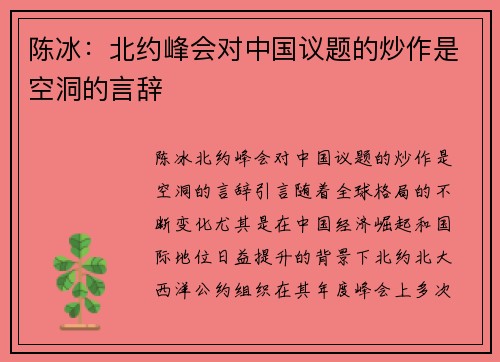 陈冰：北约峰会对中国议题的炒作是空洞的言辞