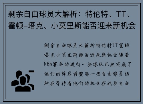 剩余自由球员大解析：特伦特、TT、霍顿-塔克、小莫里斯能否迎来新机会？