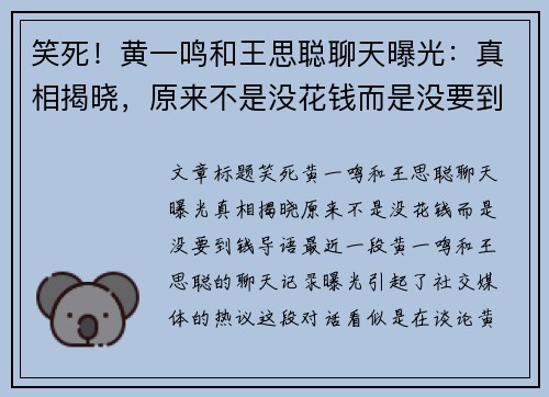 笑死！黄一鸣和王思聪聊天曝光：真相揭晓，原来不是没花钱而是没要到钱