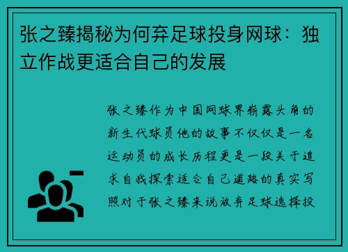 张之臻揭秘为何弃足球投身网球：独立作战更适合自己的发展